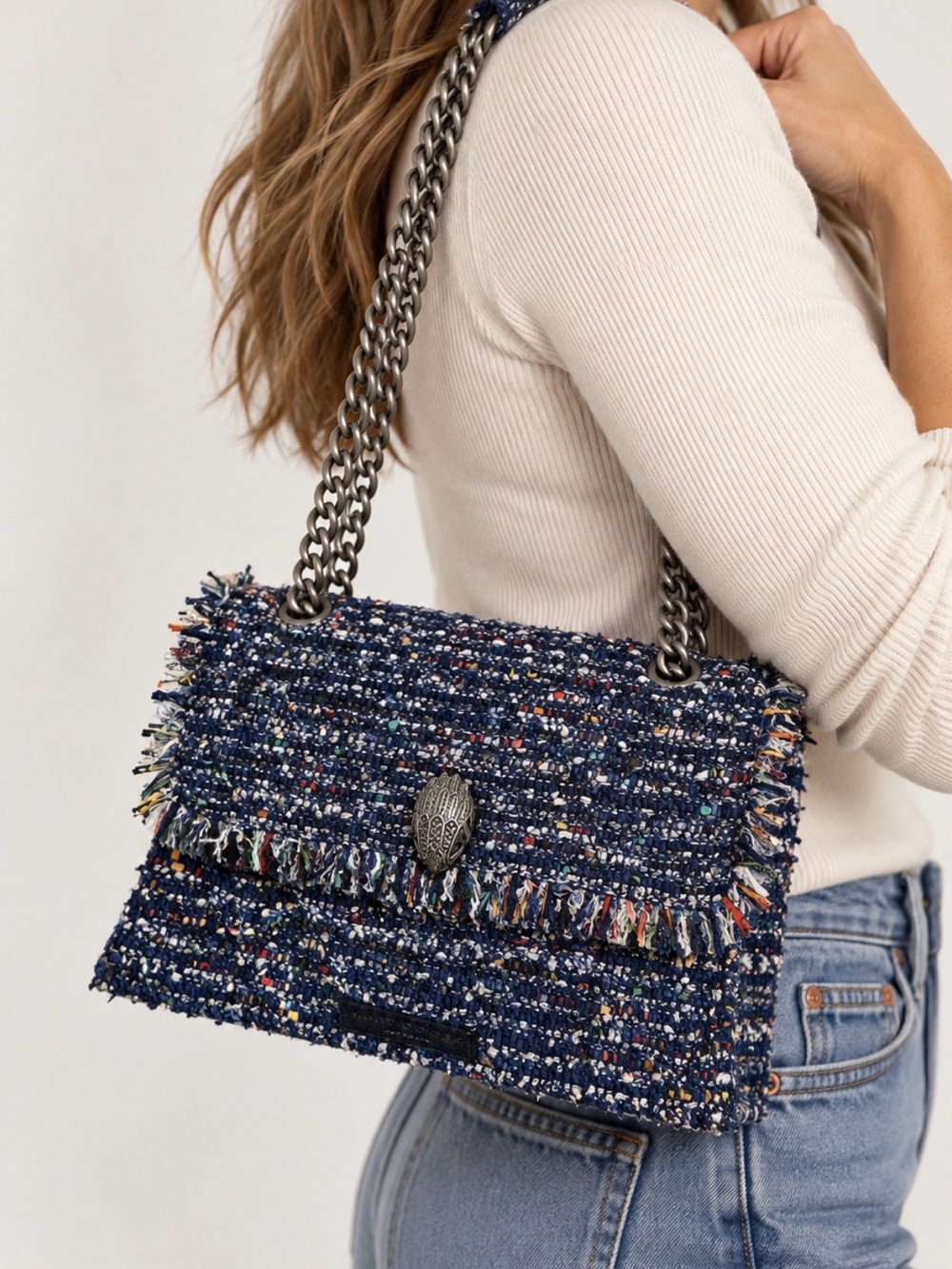 Kurt Geiger London Tweed Kensington Blue Multicolor Chain Bag